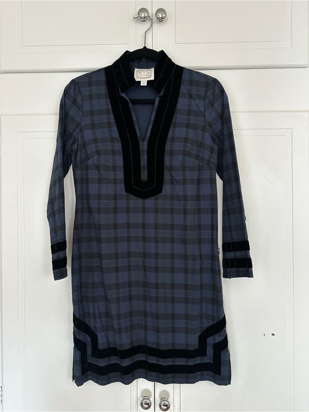 Sail to Sable Navy and Black Plaid Velvet-Trim Tunic Dress